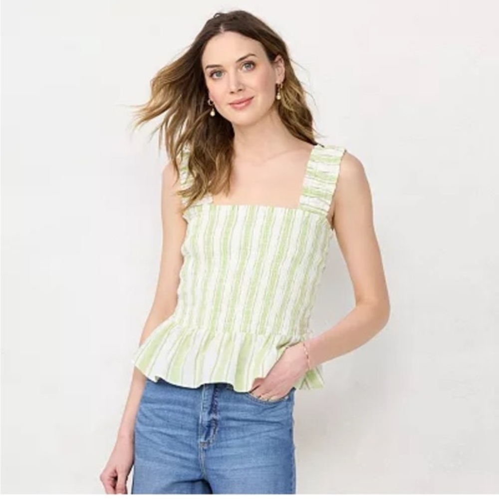 LC Lauren Conrad Smocked Peplum Top,‎ Green/White Striped Size M